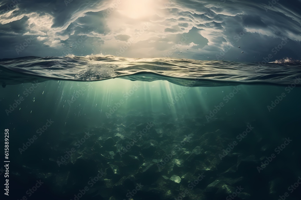 Underwater ocean panorama with water surface sun on a sunbeam fotoproje serbien izrael, in the style of dark teal and light silver, fluid photography - obrazy, fototapety, plakaty 