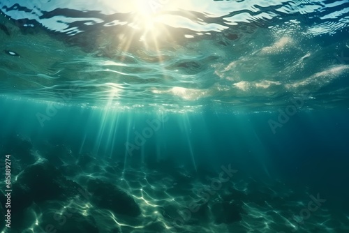 Underwater ocean panorama with water surface sun on a sunbeam serbien izrael, in the style of dark teal and light silver, fluid photography © Nicco 