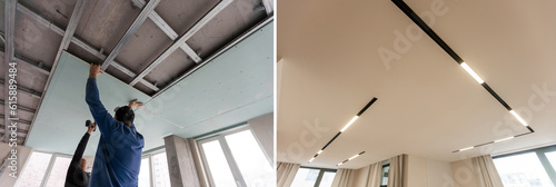 Construction of the wooden frame of a roof - Construction of Drywall-Plasterboard Before and after photo