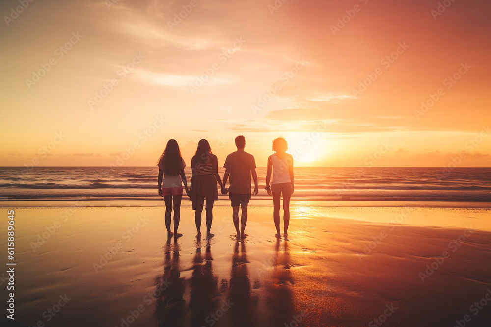 Friendship concept. Group of friends holding hands with each other and watching colorful sunset at sea or ocean. Generative AI