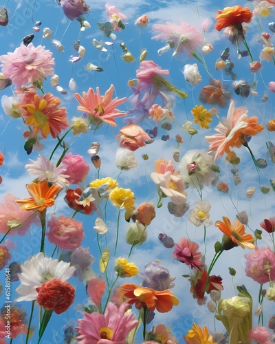 Colorful flowers fall in sky, in the style of polixeni papapetrou