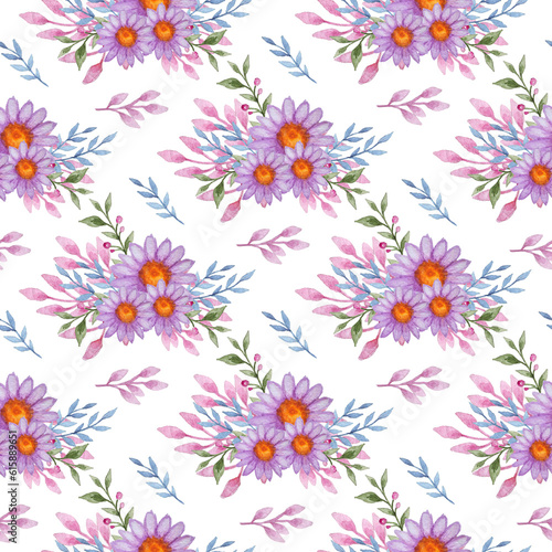 Floral watercolor seamless pattern with violet flowers and branch on a white background