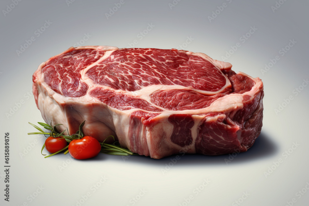 Food concept. Raw meat steak on bright background with copy space. Generative AI