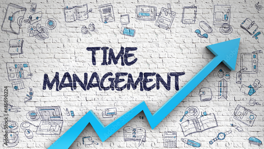 Time Management - Enhancement Concept. Inscription on White Brick Wall with Doodle Design Icons Around. Time Management Concept with Doodle Design Icons Around on Brick Wall Background. 3D.