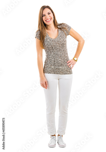 Beautiful woman smiling, isolated over a white background