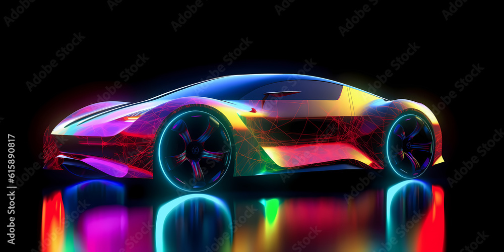 Fast Cyberpunk color neon modern car of future from bright lines in