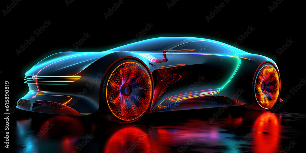 Fast Cyberpunk color neon modern car of future from bright lines in