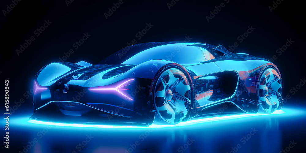 Fast Cyberpunk blue neon modern car of future from bright lines in motion. Concept autopilot revolution. Generation AI Fast Cyberpunk blue neon modern car of future from bright lines in motion. Concept autopilot revolution. Generation AI