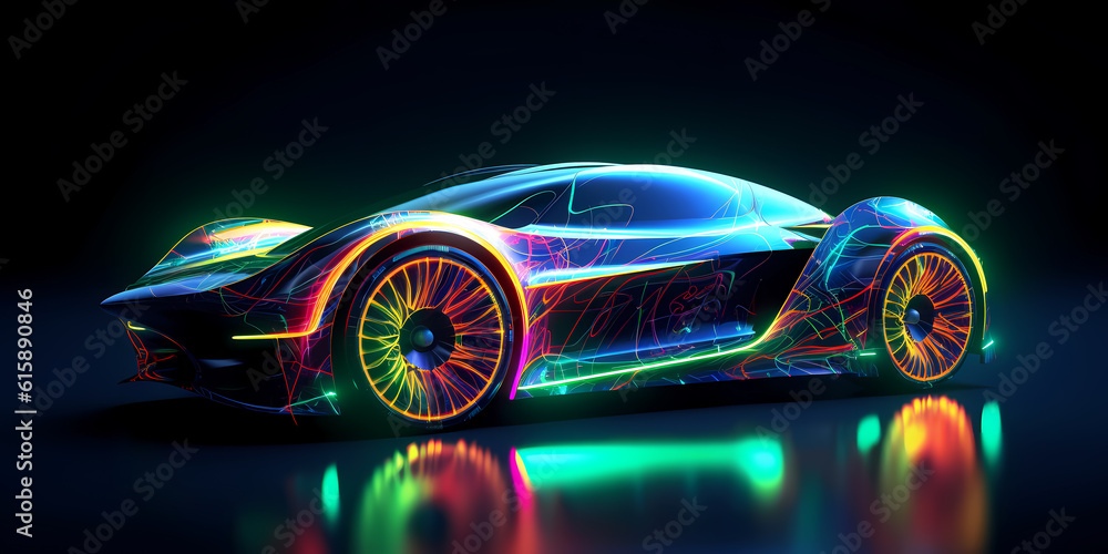 Fast Cyberpunk color neon modern car of future from bright lines in