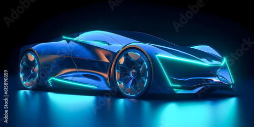 Fast Cyberpunk blue neon modern car of future from bright lines in motion. Concept autopilot revolution. Generation AI