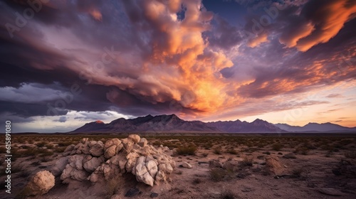 Texas desert  devoid of any vegetation. Above  a striking sky filled with dramatic clouds adds to the atmosphere. In the backdrop  majestic mountains. Created with Generative AI. 