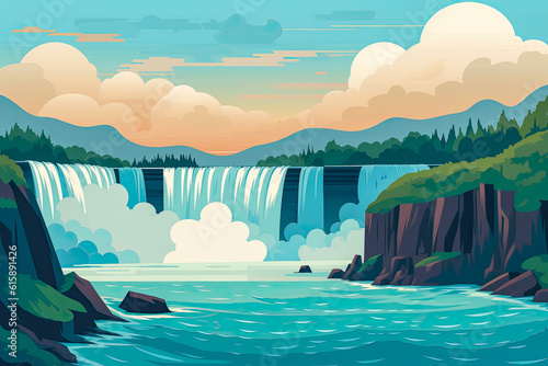Flat illustration of waterfall with a landscape background. Generative AI. © JuanM