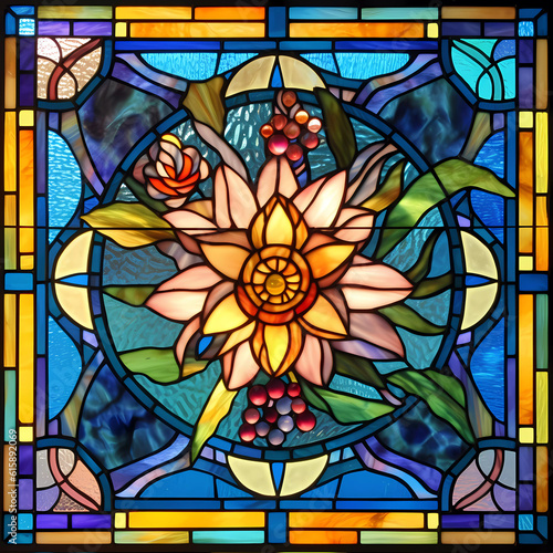 Purple Blossom Stained Glass Composition. Generativ AI. 