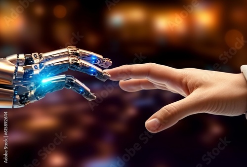 Hand of robot and hand human touching with finger  on big data network connection background  Science and artificial intelligence technology  innovation  - generative AI
