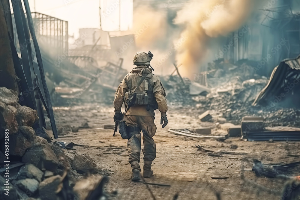 Faceless Soldier walking in destroyed city. Generative AI illustration Faceless Soldier walking in destroyed city. Generative AI illustration