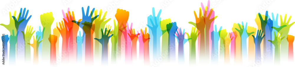 Hands up silhouettes, horizontal border. Decoration element from rainbow raised hands. Conceptual illustration for festivals, concerts, social public communities, education or volunteering. Hands up silhouettes, horizontal border. Decoration element from rainbow raised hands. Conceptual illustration for festivals, concerts, social public communities, education or volunteering.