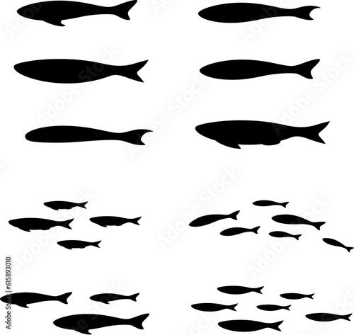 Colony of swiming sea or aquarium fishes. Group of silhouttes .