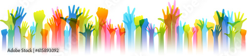 Hands up silhouettes, horizontal border. Decoration element from rainbow raised hands. Conceptual illustration for festivals, concerts, social public communities, education or volunteering.