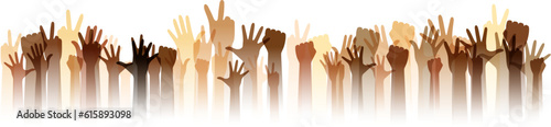 Hands up silhouettes, horizontal border. Decoration element from human raised hands. Conceptual illustration for festivals, concerts, social public communities, education or volunteering.