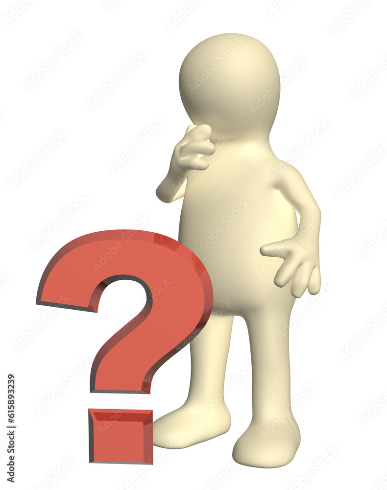 3d puppet with question mark. Isolated on white background. 3d render 3d puppet with question mark. Isolated on white background. 3d render