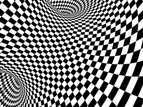 Abstract illusion. Black and white. Background with tube shape with checkered pattern. 3d render