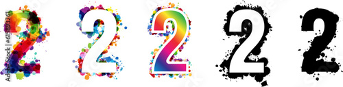 2 numbers with rainbow and black paint splash decorative elements. Colorful 2 number emblems collection. Vector illustration in artistic style.