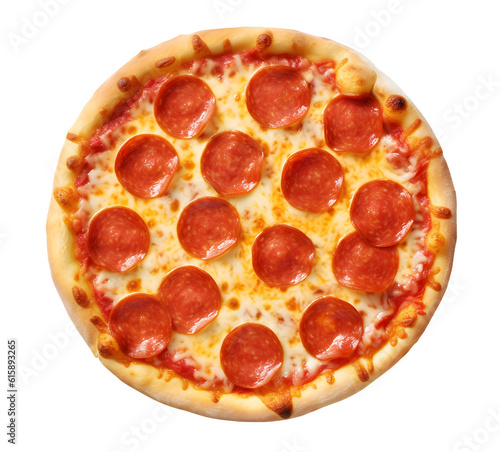 Pizza isolated on transparent background. Tasty pepperoni pizza. Top view. PNG format 