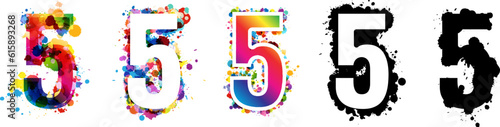 5 numbers with rainbow and black paint splash decorative elements. Colorful 5 number emblems collection. Vector illustration in artistic style.