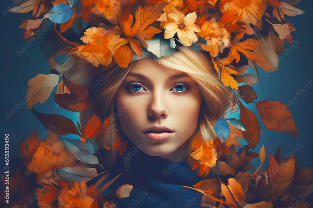 Beautiful woman in autumn leaves and flowers. Mental health and autumn perfum concept. Generative AI illustration