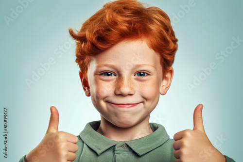 Small ginger red hair boy with freckles, smiling, showing approving thumbs up. He looks cute and innocent, but is probably naughty rascal. Generative AI