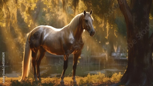 A majestic dark palomino quarter horse stands gracefully, positioned near a backdrop of towering trees. Created with Generative AI.