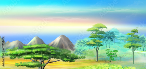 Panorama of African Savannah in a Hot Summer morning. Acacia Tree in a Mountains at sunrise. Digital Painting Background, Illustration in cartoon style character. © Designpics