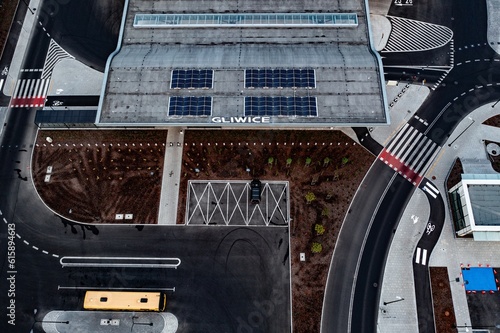 Aerial photo from a drone of the Interchange Center in Gliwice. Public transportation stop. Gliwice, Silesia, Poland.