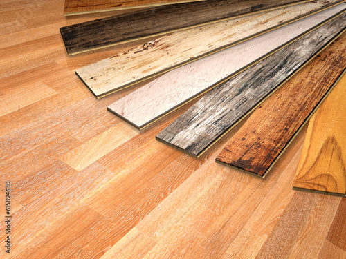 New planks of oak parquet of different colors with rustic texture on wooden floor. 3d render
