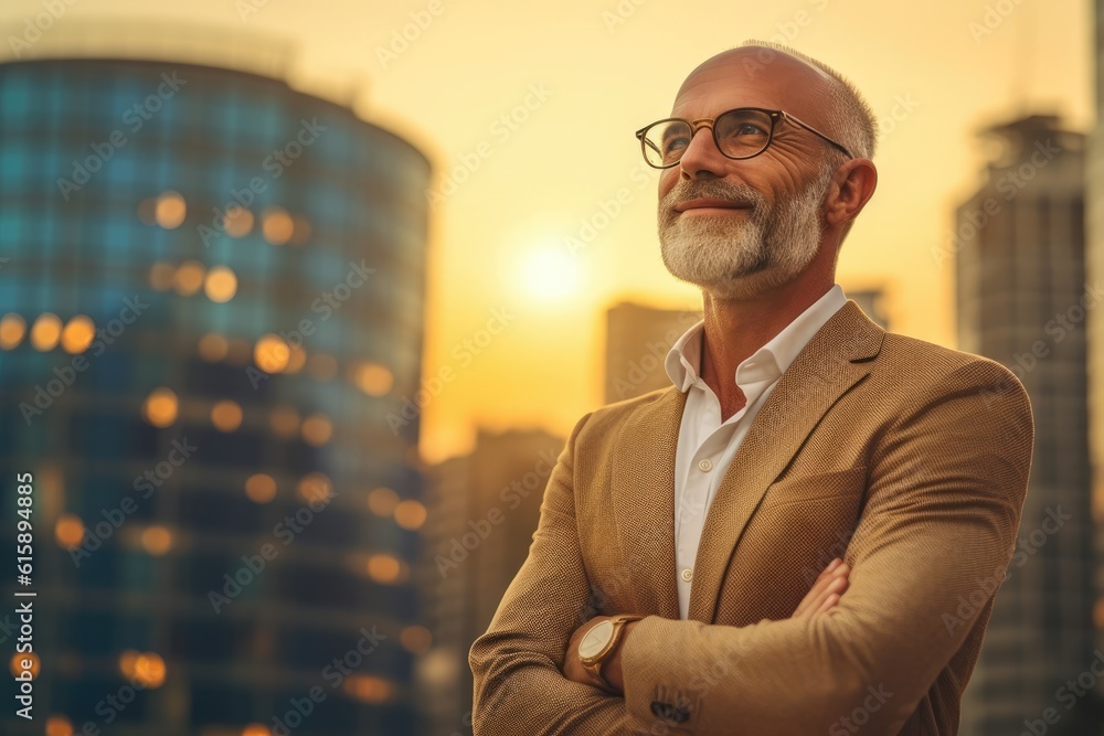 Happy wealthy rich successful business man standing in big city modern