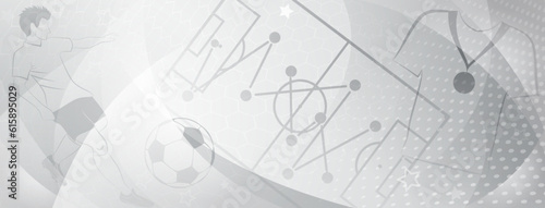 Abstract soccer background with a football player kicking the ball and other sport symbols in gray colors