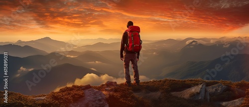Leinwand Poster Man standing on top of a mountain with a backpack on his back and a sunset in th