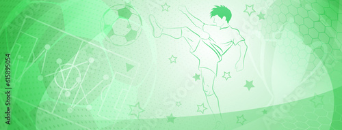 Abstract soccer background with a football player kicking the ball and other sport symbols in green colors