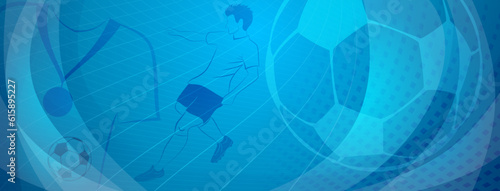 Abstract soccer background with a football player kicking the ball and other sport symbols in blue colors