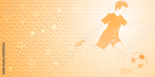 Abstract soccer background with a football player kicking the ball and other sport symbols in yellow colors