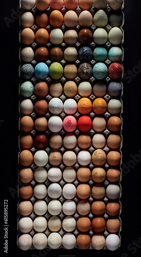 different colored eggs stacked on top of each other eggs in an egg carton, new york, ny - stock photo