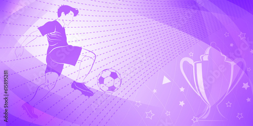 Abstract soccer background with a football player kicking the ball and other sport symbols in purple colors