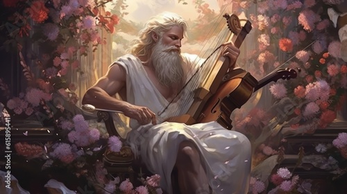 An enchanting concept art piece featuring Apollo, the Greek god known for his wisdom, portrayed as a bearded and mature figure in his thirties. Created with Generative AI.