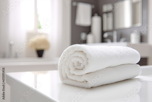 White spa towel on table in bathroom. Generative AI