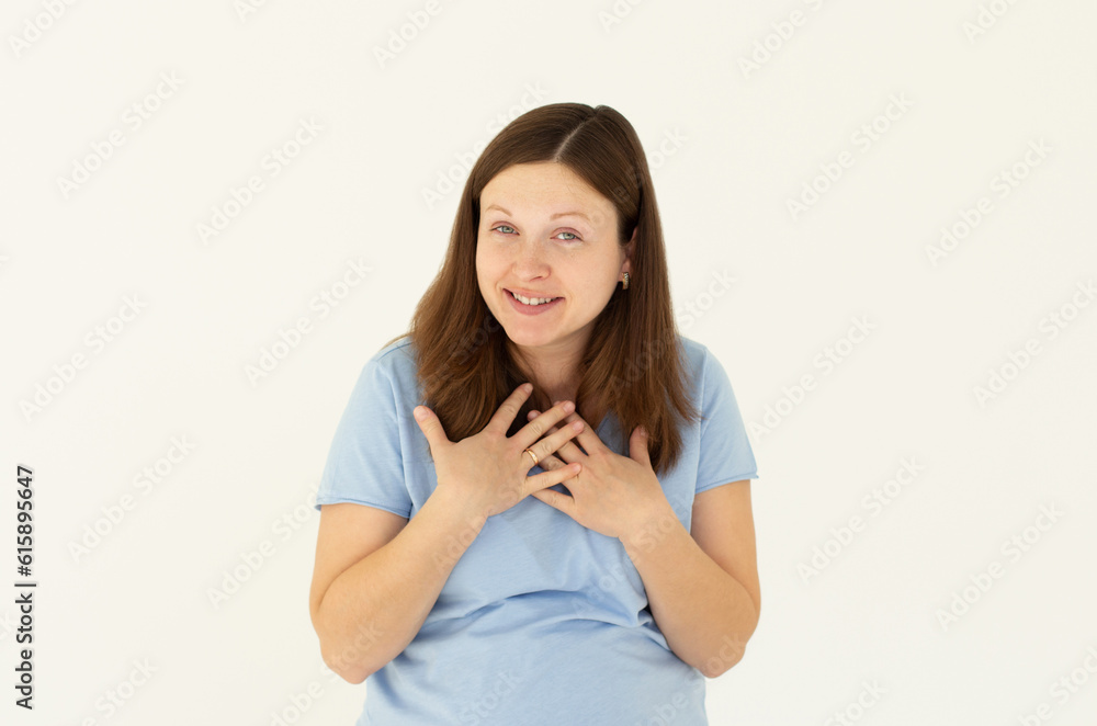 Photo of surprised woman hands chest unexpected good news speechless reaction biggest finance income isolated on white color background Photo of surprised woman hands chest unexpected good news speechless reaction biggest finance income isolated on white color background