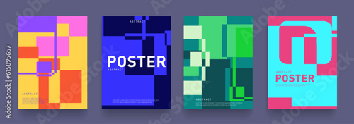 Retro Pixel Square with Green, Pink, Blue, Orange Color. Trendy Set Background Technology for Poster, Website, Placard, Cover, Advertising. Vector Illustration.