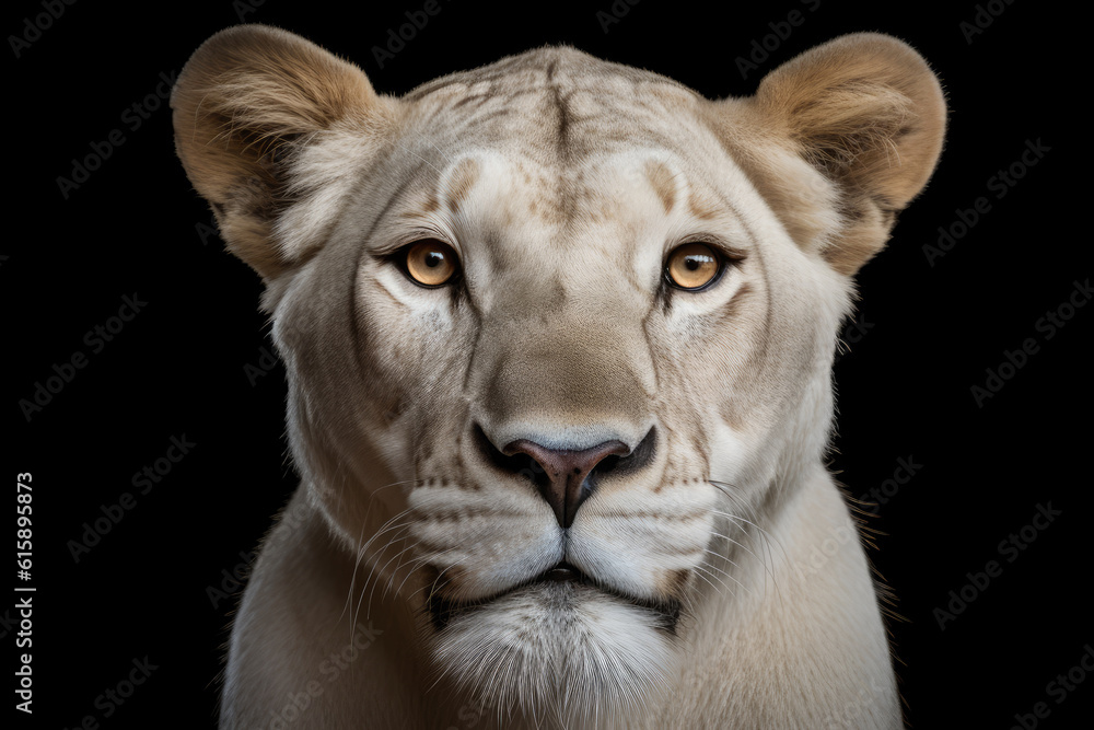 Fototapeta premium lioness, front view, black background, hyperrealistic photography, ai generated.
