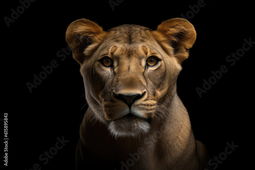 lioness, front view, black background, hyperrealistic photography, ai generated