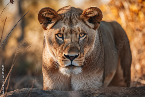 angry lioness showing her teeth with lowered ears looking at the camera, ai generated.