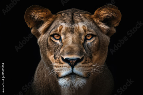 lioness  front view  black background  hyperrealistic photography  ai generated.